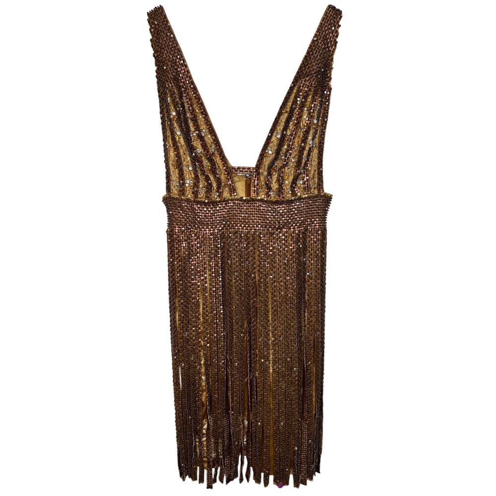 NWT Mandalay Gold Beaded Fringe Studded Sequin Mini Cocktail Party Dress Size 6